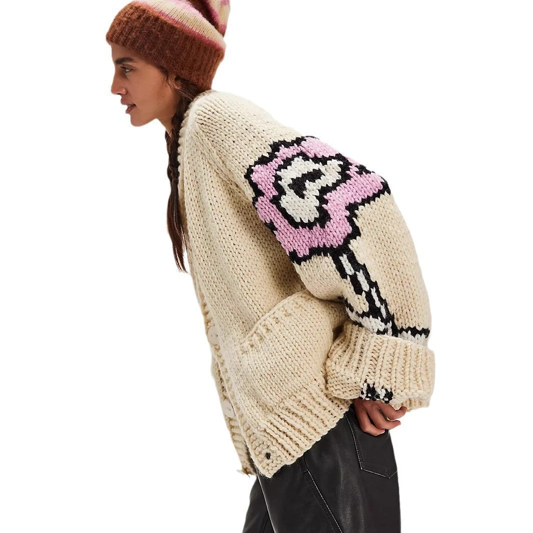 Women Oversized Chunky Knit Cardigan with Shawl Collar, Floral Intarsia & Button Placket Mune Fashion