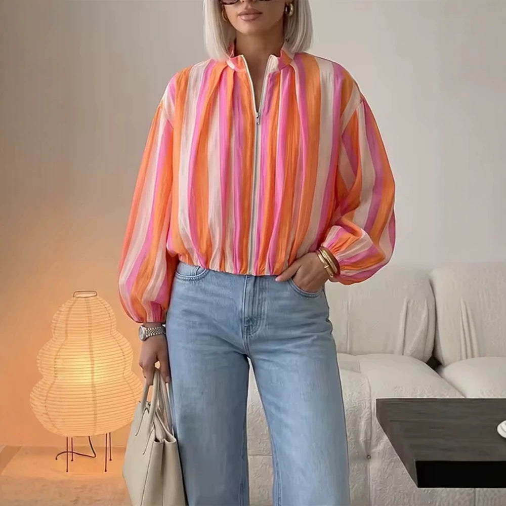Women's Striped Bomber Jacket with Balloon Sleeves and Short Cropped Cut Mune Fashion