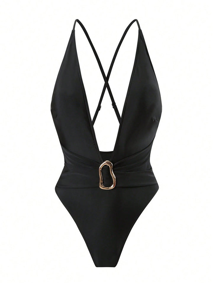 Women's One-Piece Swimsuit with Deep V-Neck and Elegant Gold Detail