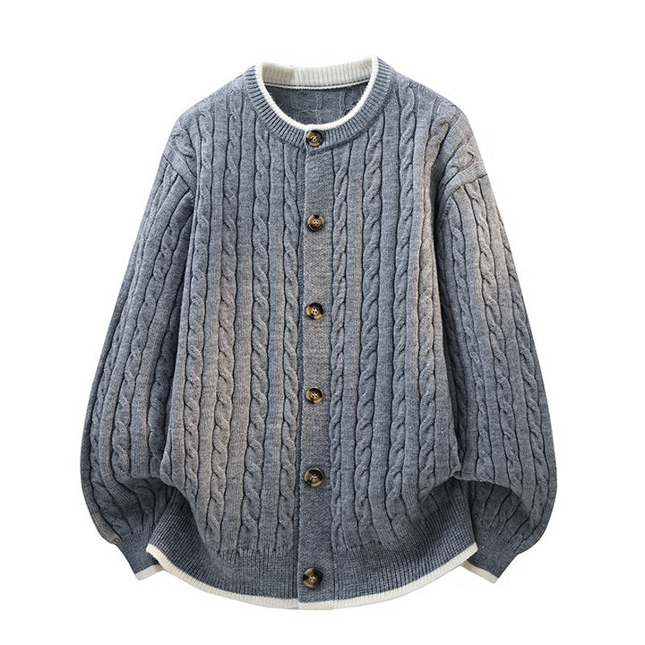 Women Oversize Cable Knit Cardigan with Round Neck, Wooden Button Placket & Contrast Trim Mune Fashion