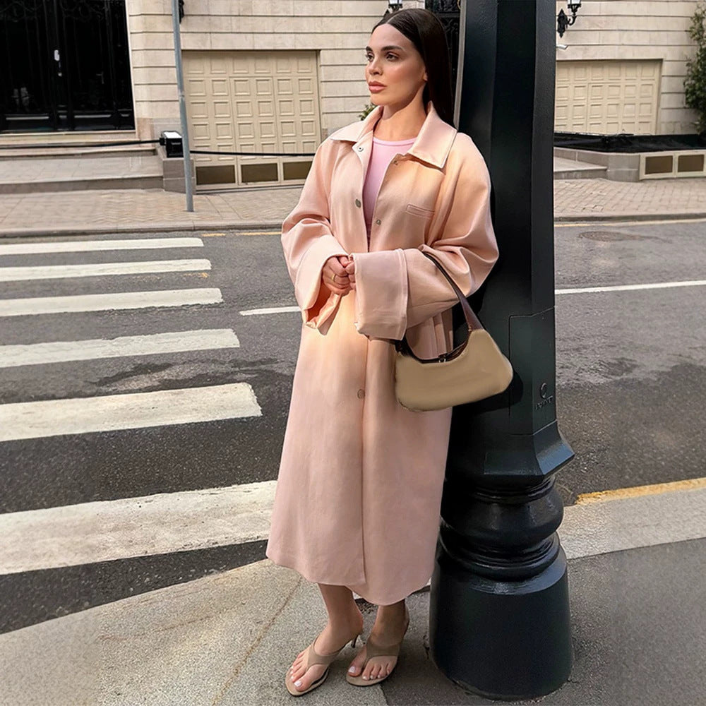 Women's midi coat made of wool blend with dropped shoulders and concealed snap button placket Mune Fashion