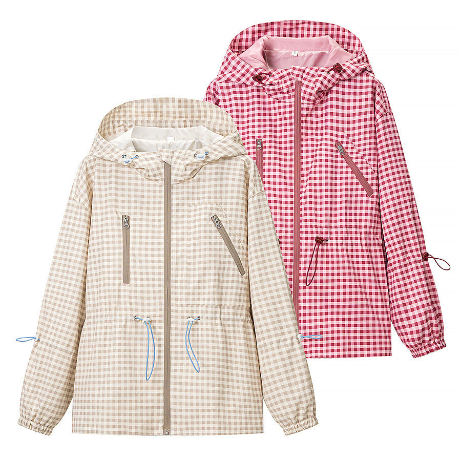 Women's Lightweight Checkered Hooded Jacket with Drawstring and Zipper Pockets Mune Fashion