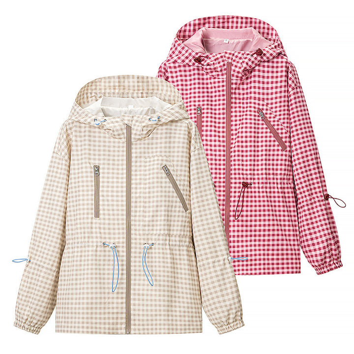 Women's Lightweight Checkered Hooded Jacket with Drawstring and Zipper Pockets Mune Fashion