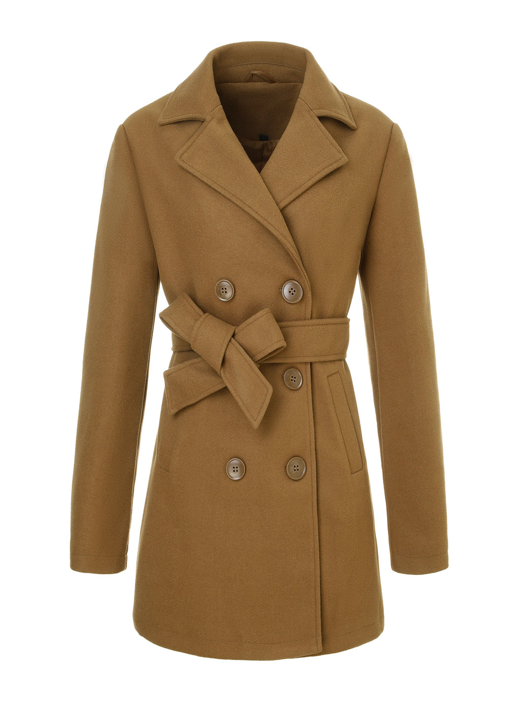 Women's tailored double-breasted wool coat with tie belt and lapel collar Mune Fashion
