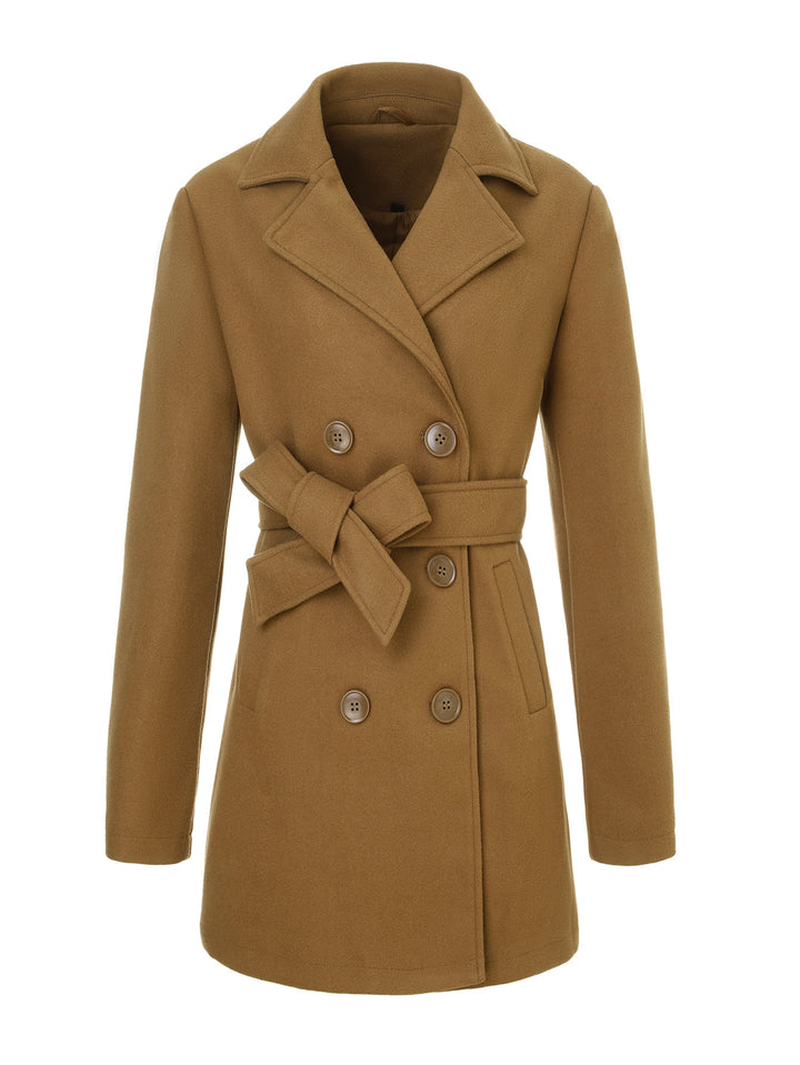 Women's tailored double-breasted wool coat with tie belt and lapel collar Mune Fashion