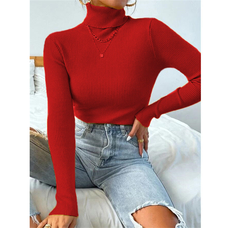 Women's Elegant Turtleneck Sweater with Fine Ribbed Texture Mune