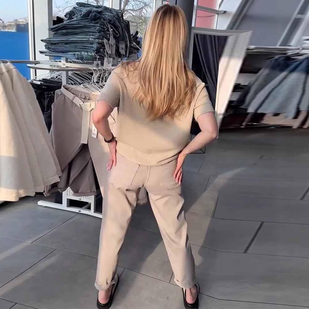Women's casual cotton chinos with elastic comfort waistband, cuffs, and decorative belt Mune Fashion