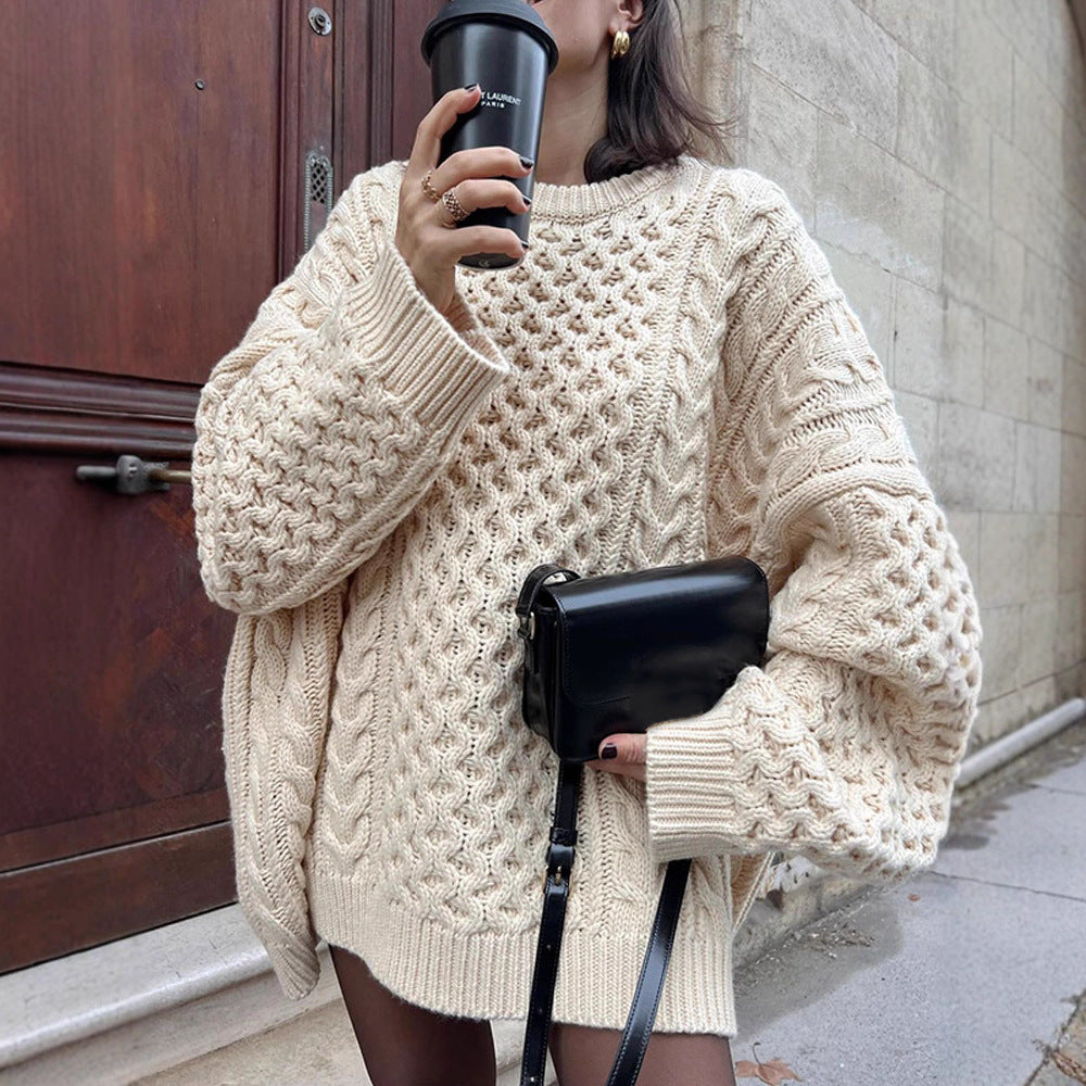 Women's Oversized Chunky Knit Sweater with Cable Knit Pattern and Wide Balloon Sleeves Mune Fashion