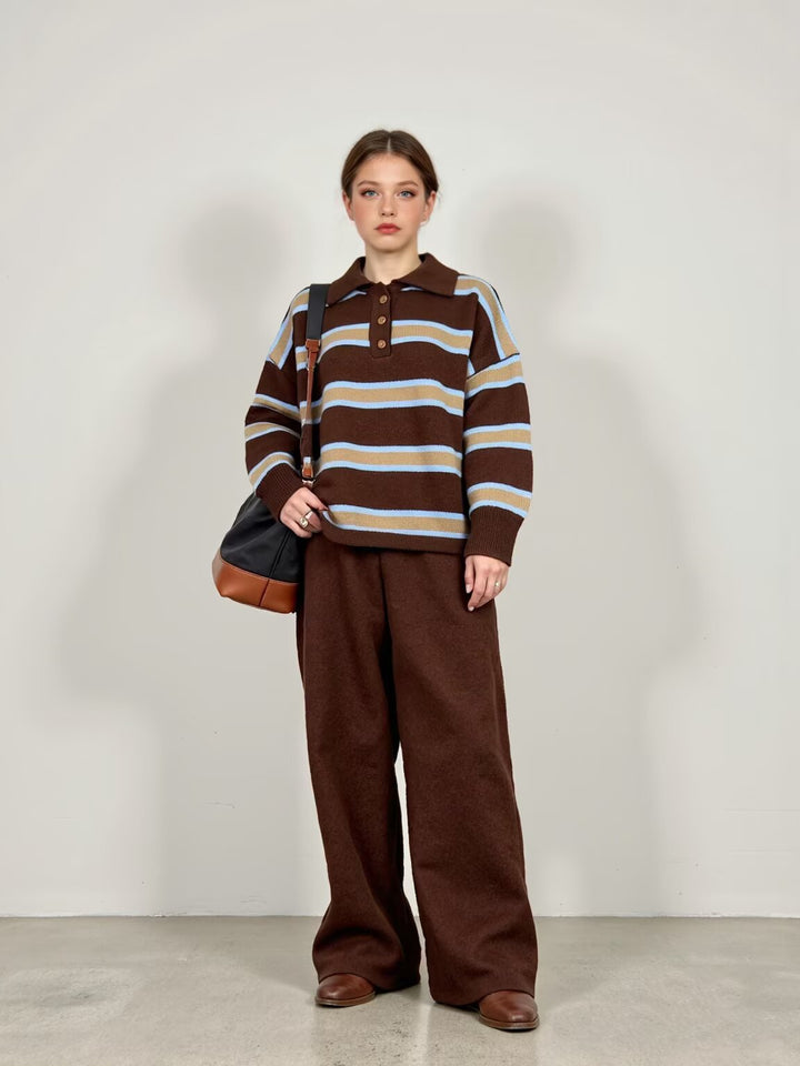 Women Striped Oversized Knit Sweater with Polo Collar and Ribbed Cuffs Mune Fashion