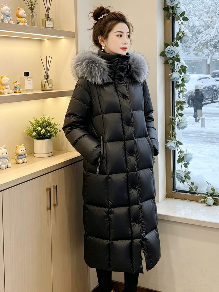 Ladies Long Down Jacket with Faux Fur Collar Mune Fashion