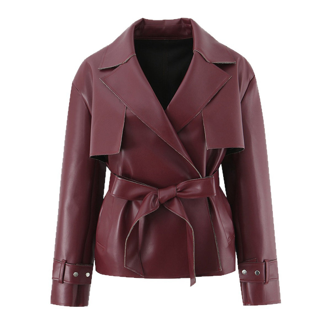 Women's tailored short trench coat with tie belt and cape detail in vegan leather look Mune Fashion