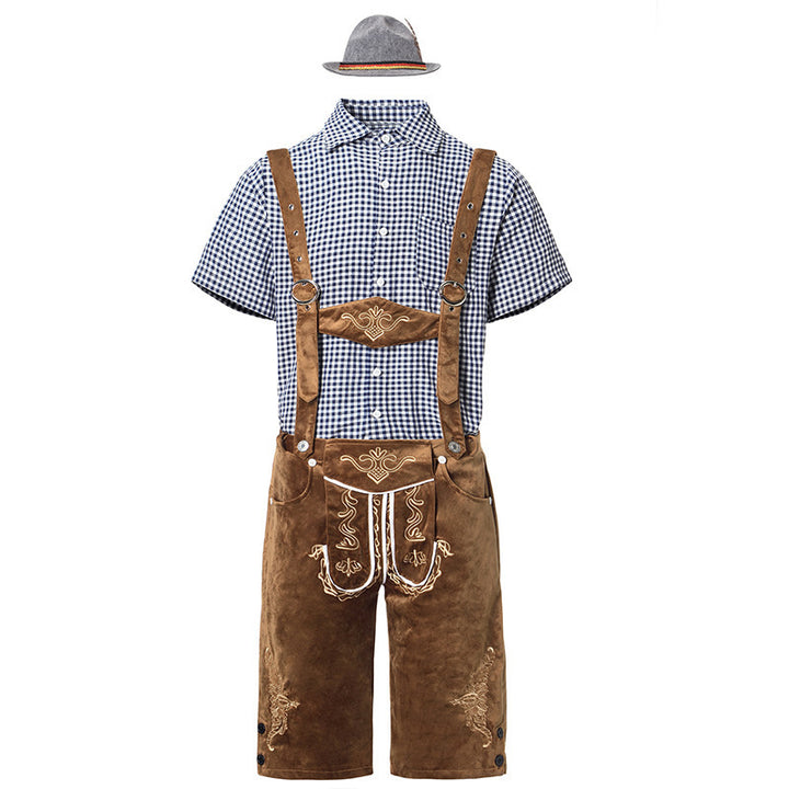 Men's traditional leather trousers with embroidered suspenders, checked traditional shirt, and felt hat Mune Fashion