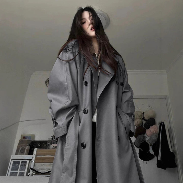 Women's Modern Boxy Trench Coat with Distinctive Shoulder Feature and Waist Belt Mune Fashion