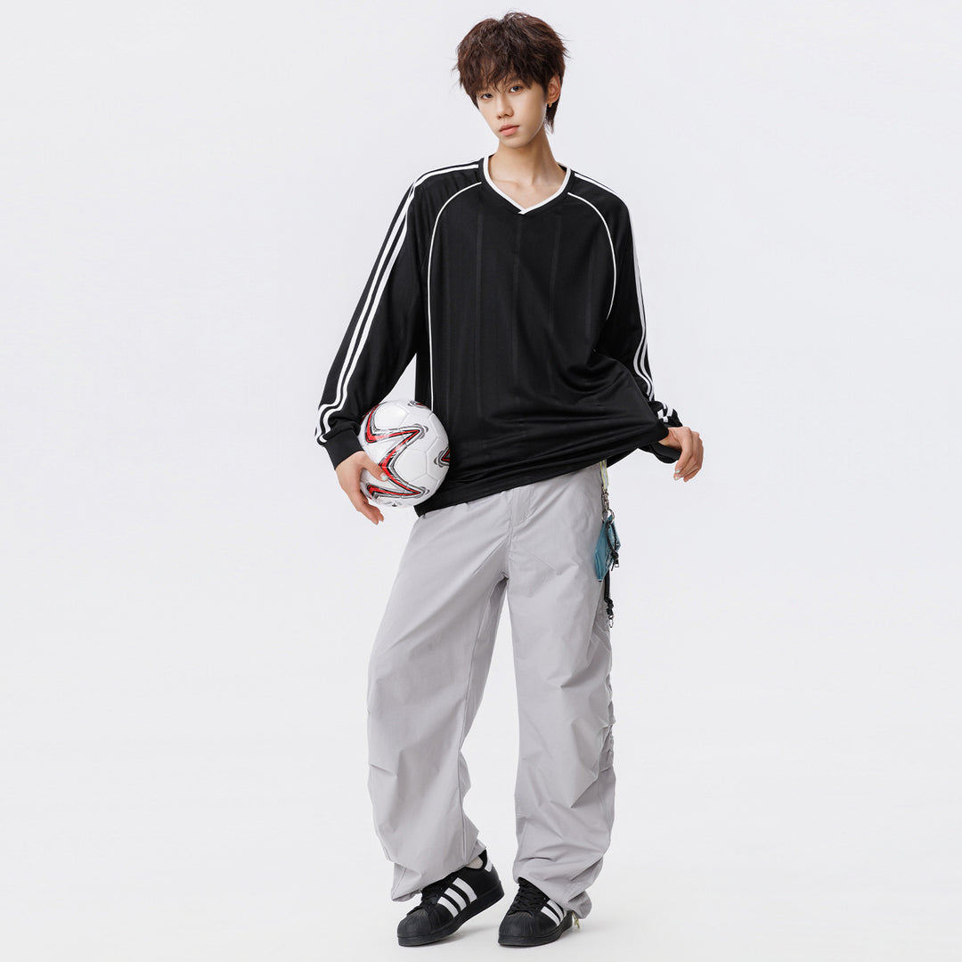 Damen Weites V-Ausschnitt Oversize-Sportshirt mit Raglanärmeln und Kontraststreifen Mune Fashion