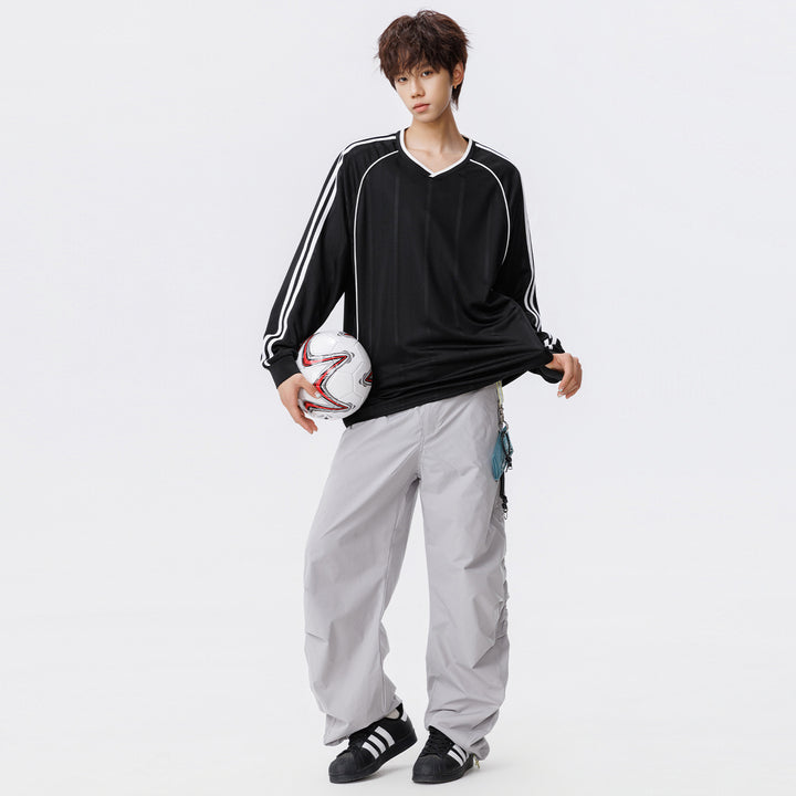 Damen Weites V-Ausschnitt Oversize-Sportshirt mit Raglanärmeln und Kontraststreifen Mune Fashion
