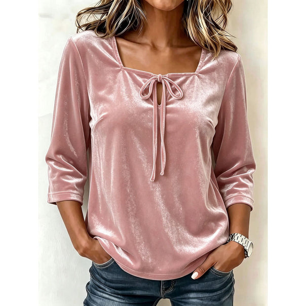 Ladies velvet blouse with square neckline, drawstring and three-quarter sleeves Mune Fashion