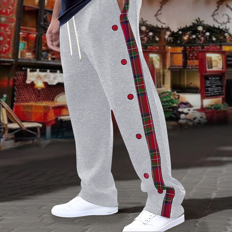 Men's casual jogging pants with checkered side piping, snap button placket, and ankle slits Mune Fashion