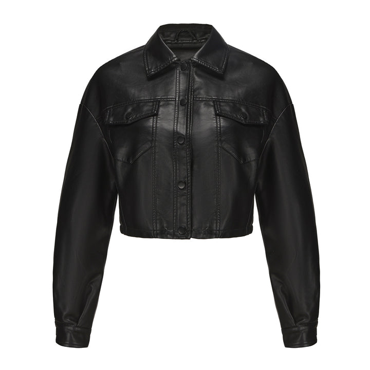 Women nan short oversized faux leather jacket in trucker style with flap pockets and concealed snap button placket Mune Fashion