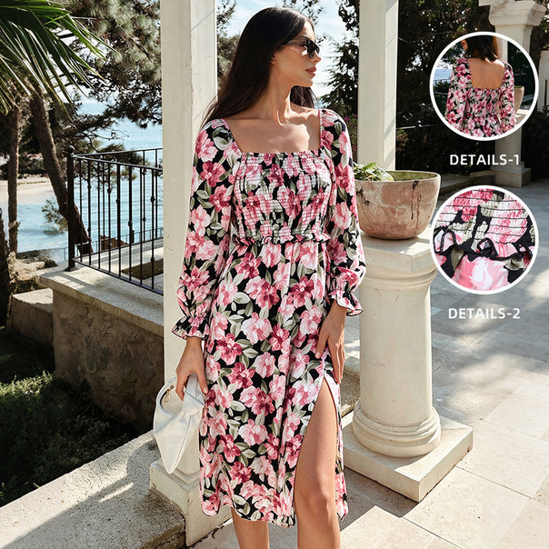 Women's midi dress with smocked top, square neckline, long balloon sleeves, and side leg slit Mune Fashion