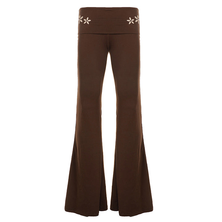 Women's Flared Yoga Pants with Folded Waistband, Comfortable Bootcut Fit and Laser-Cut Flower Detail Mune Fashion