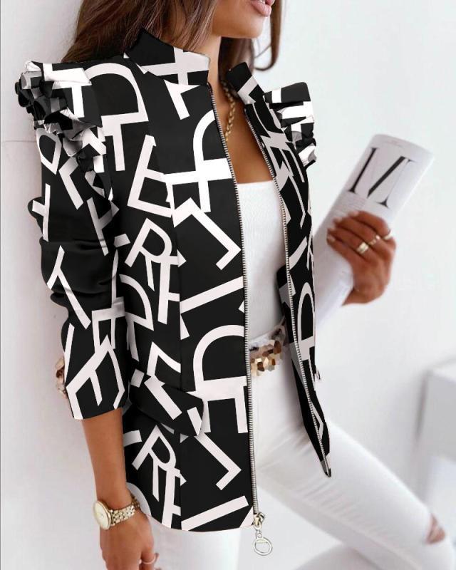 Women's Leo Jacket with Ruffle Sleeves, Stand Collar and Zipper Front Mune Fashion