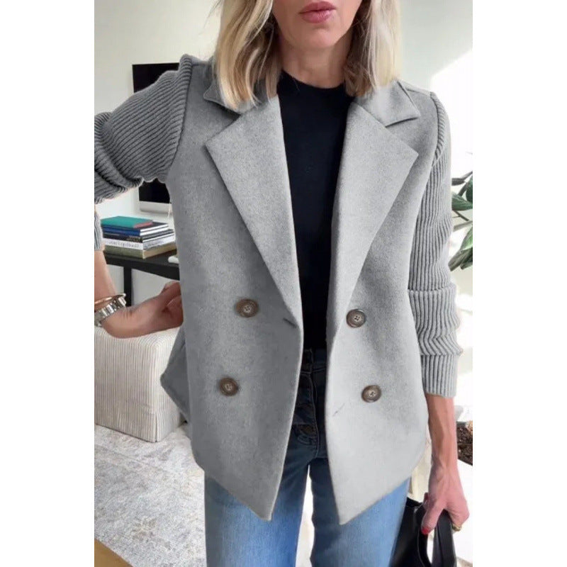 Women's Double-breasted Blazer Vest with Wide Lapels and Ribbed Knit Sleeves Mune Fashion