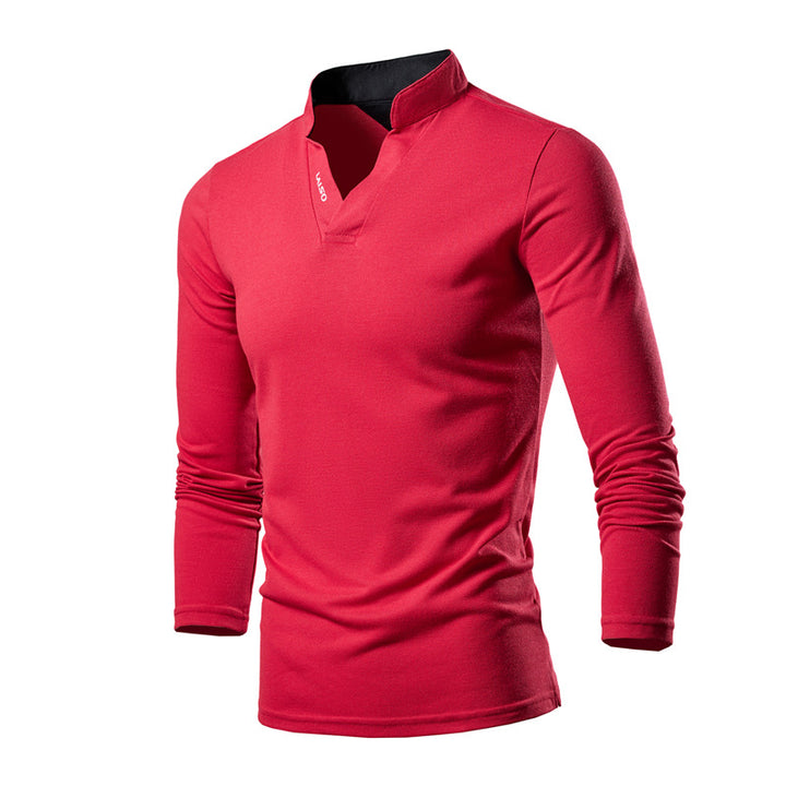 Men's Slim-Fit Long Sleeve Shirt with Stand Collar, Open V-Neck and Functional Stretch Material Mune Fashion