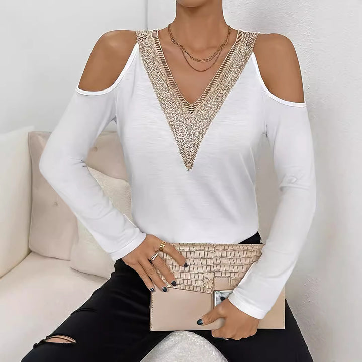 Women's long sleeve shirt with open shoulders and crocheted V-lace trim Mune Fashion