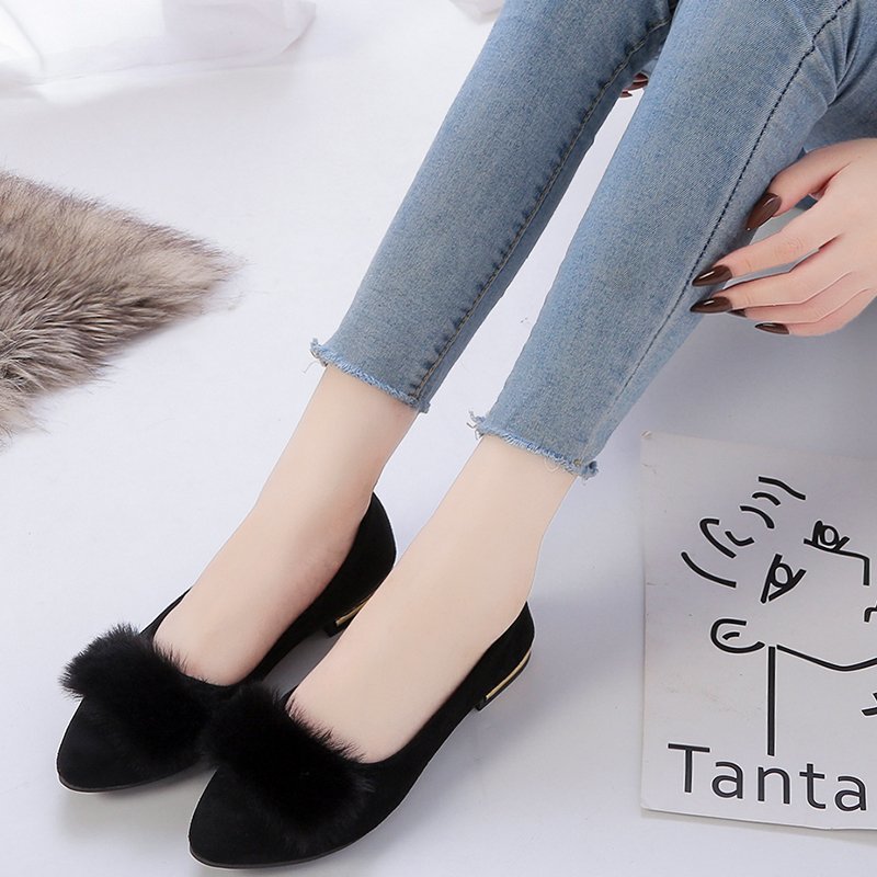 Women's pointed ballerina with faux velvet upper material, faux fur pompon, and metallic heel appliqué Mune Fashion