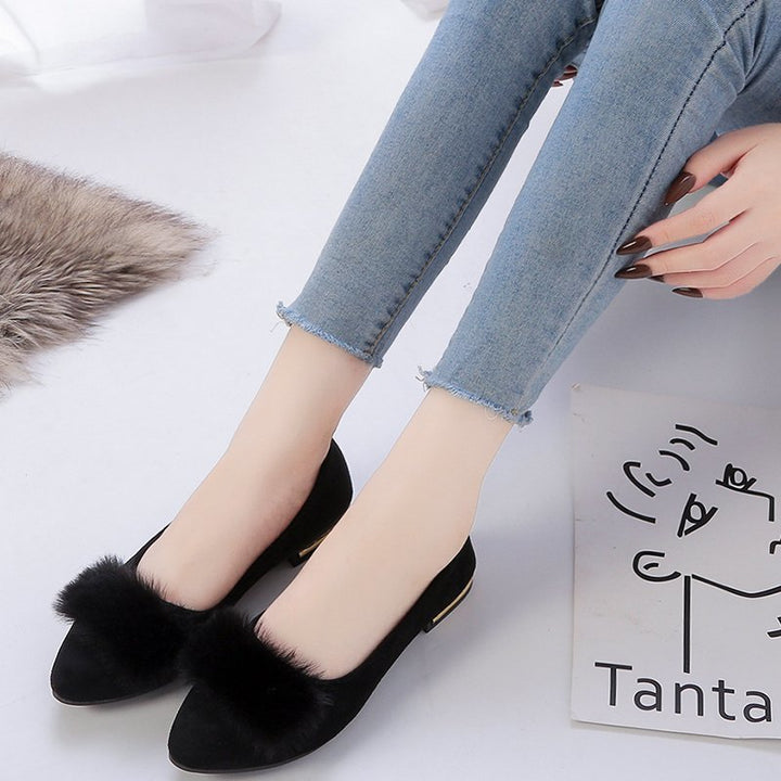 Women's pointed ballerina with faux velvet upper material, faux fur pompon, and metallic heel appliqué Mune Fashion