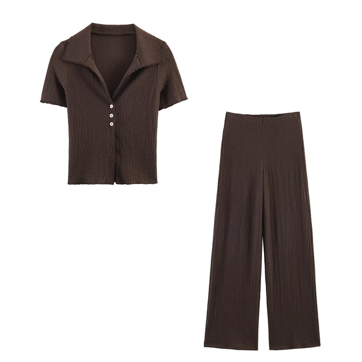 Women's two-piece fine knit set with short sleeve polo collar top and high-waist wide leg pants Mune Fashion