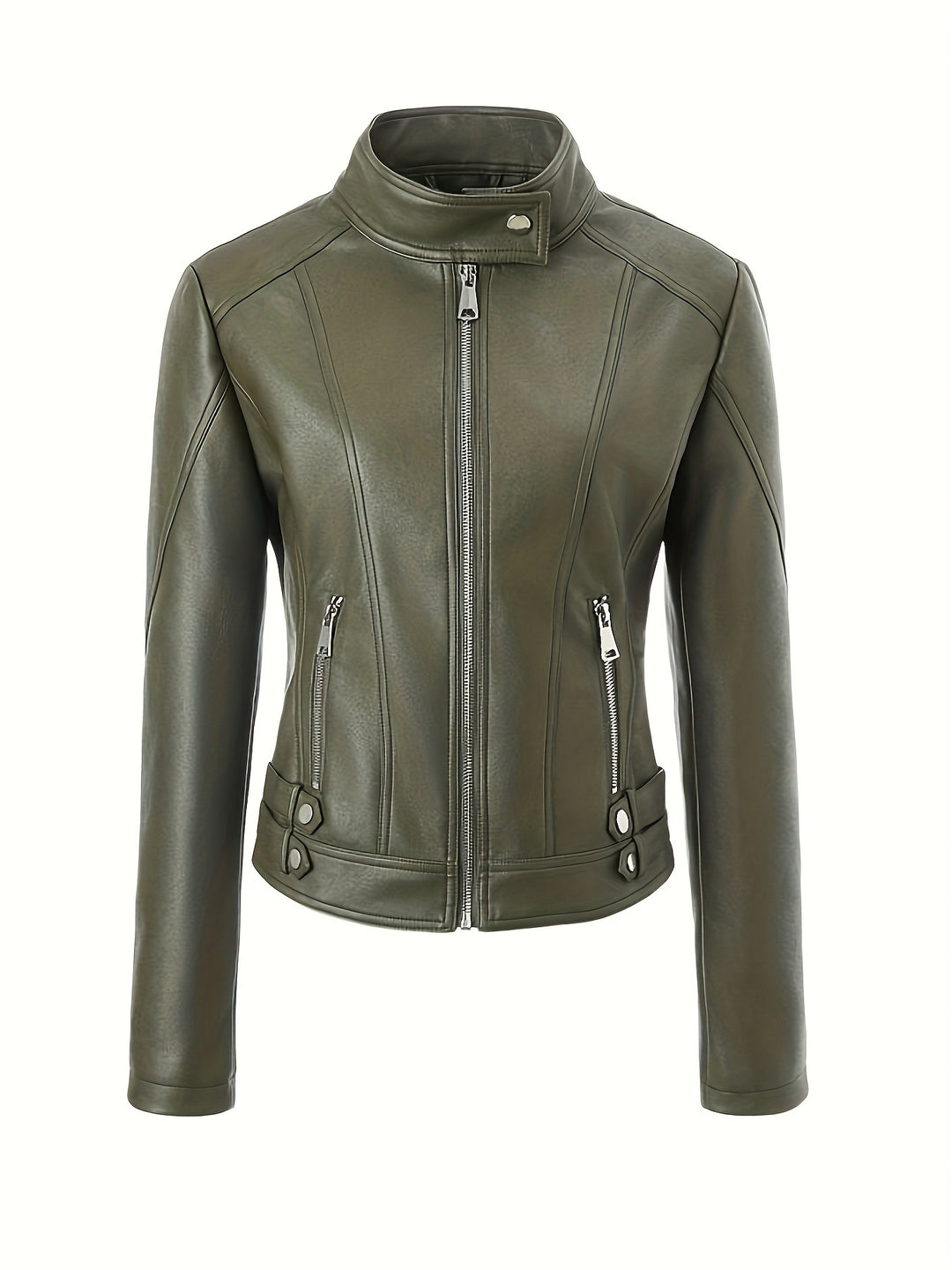 Women's short fitted motorcycle jacket made of faux leather with stand collar and buckle straps Mune Fashion