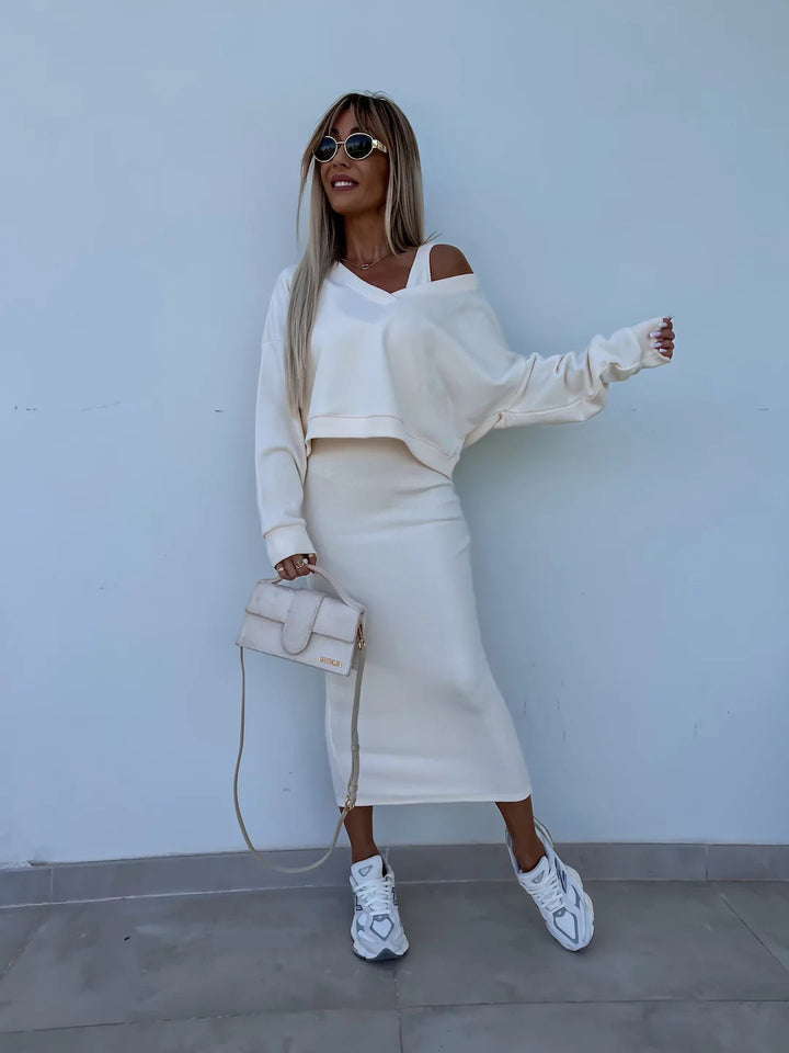 Ladies two-piece midi skirt set with off-shoulder oversized sweatshirt and figure-hugging pencil skirt Mune Fashion