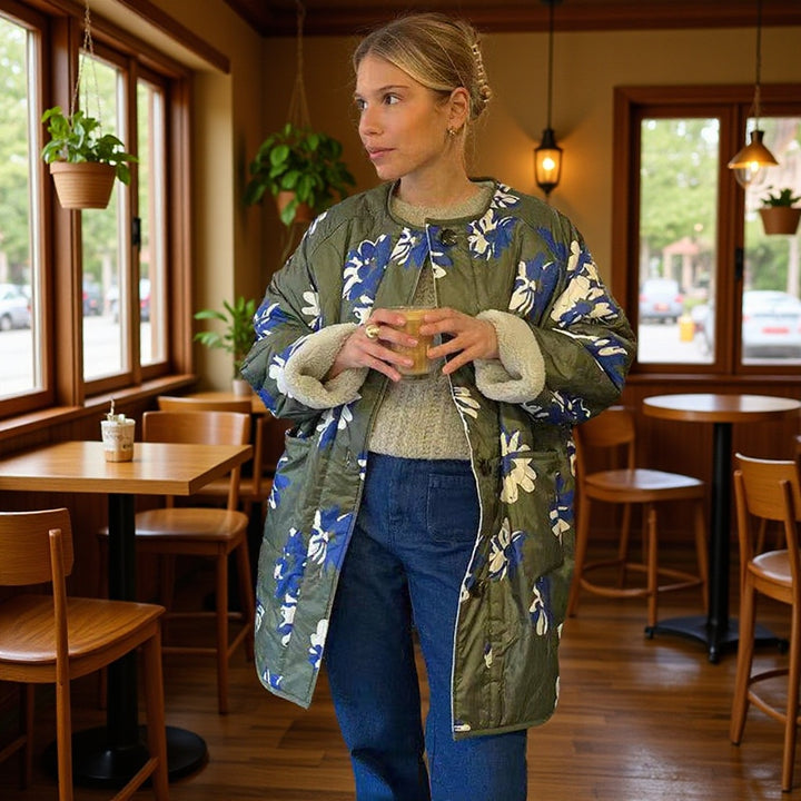 Ladies Padded Quilted Coat with Floral Allover Print and Teddy Lining Mune Fashion