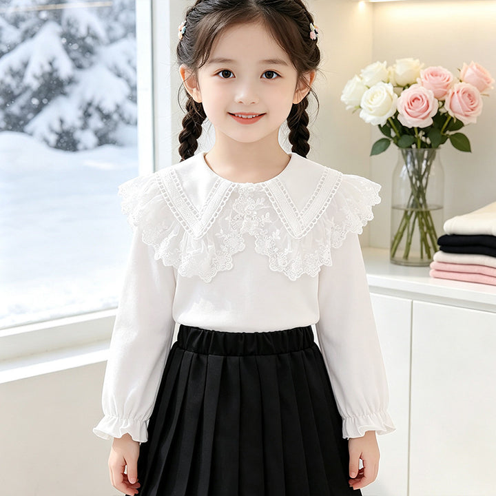 Girls blouse with romantic ruffled collar and elegant embroidery Mune Fashion