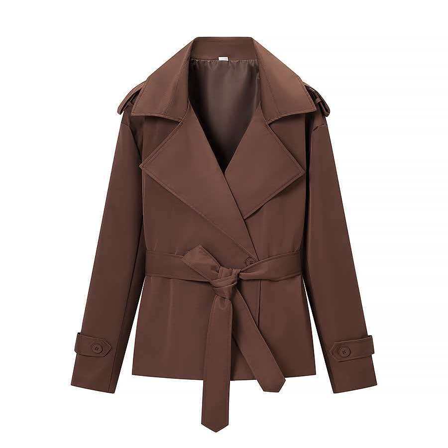 Women's short trench coat jacket with waist belt, wide lapels, and decorative shoulder epaulettes Mune Fashion