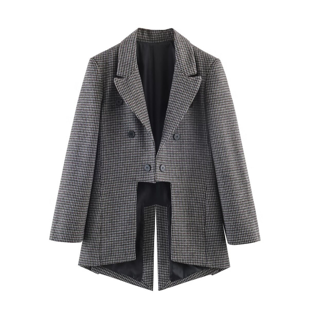 Women Double-breasted Houndstooth Blazer with Cutaway Hem and Vent Mune Fashion