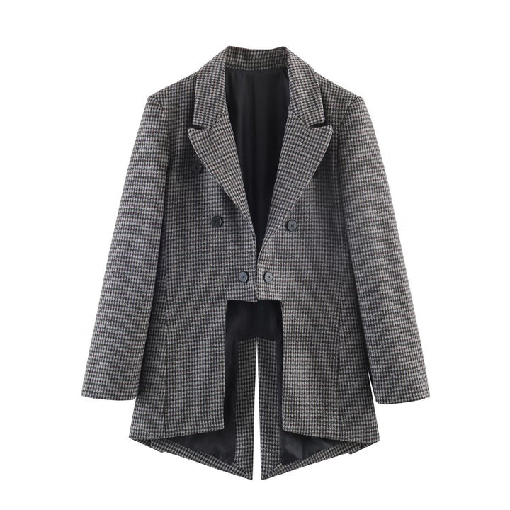 Women Double-breasted Houndstooth Blazer with Cutaway Hem and Vent Mune Fashion