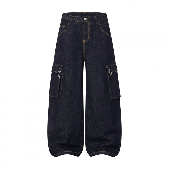 Women Balloon-shaped Cargo Jeans with High Waist, Wide Leg and Flap Pockets Mune Fashion