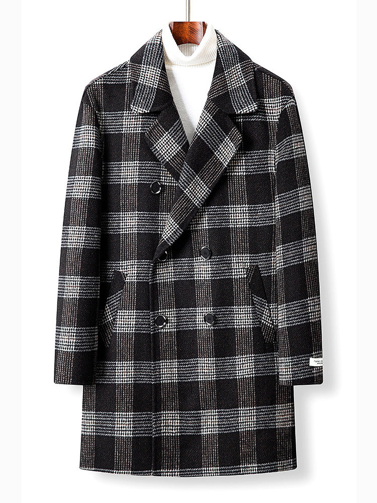 Women Elegant Checked Double-breasted Coat Drune