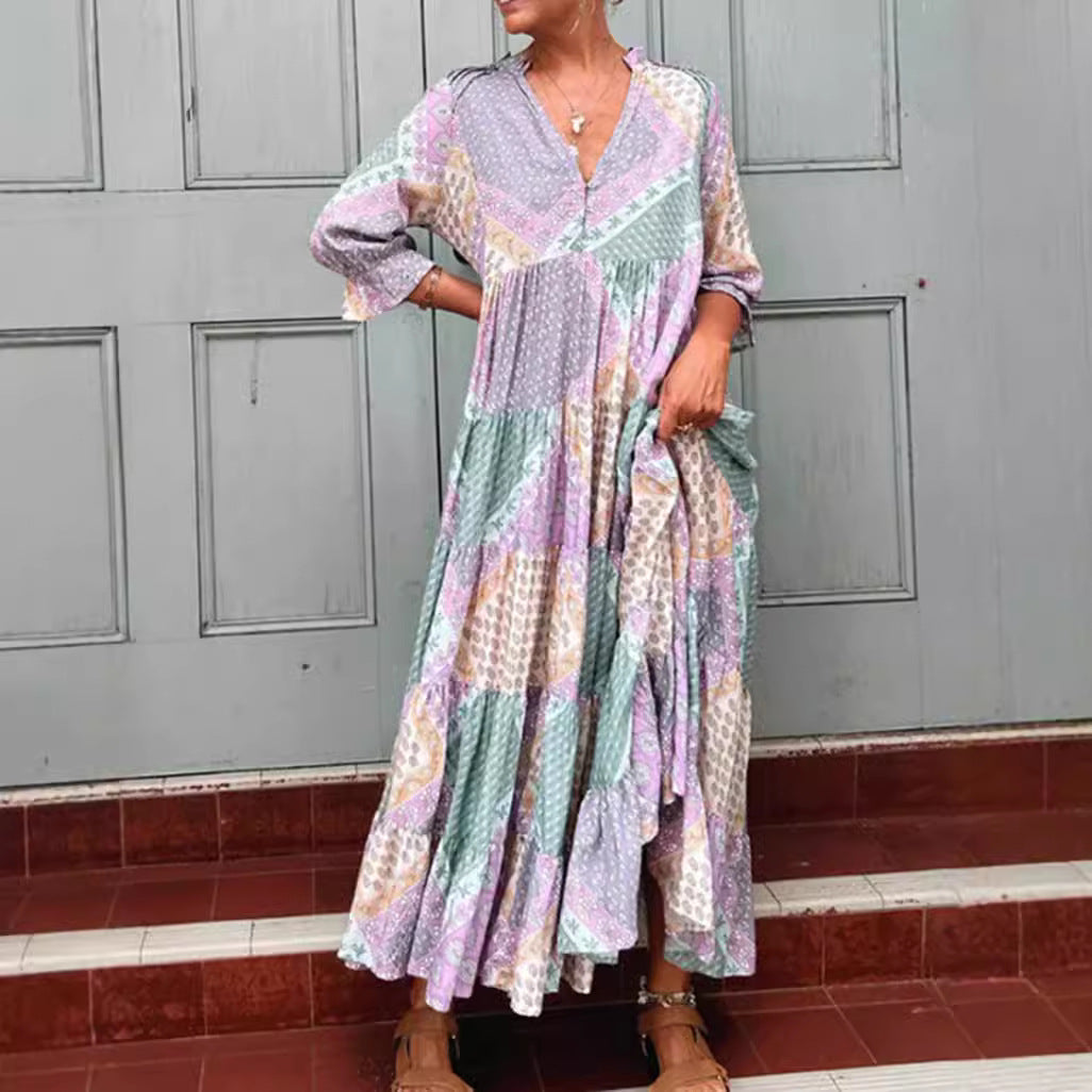 Women's nan Patchwork tiered maxi dress with V-neck, partial button placket, gathered yoke and side pockets Mune Fashion