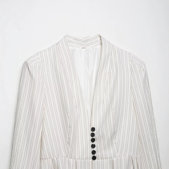 Women Tailored Blazer with Shawl Collar, Fine Pinstripes and Waist Emphasis Mune Fashion