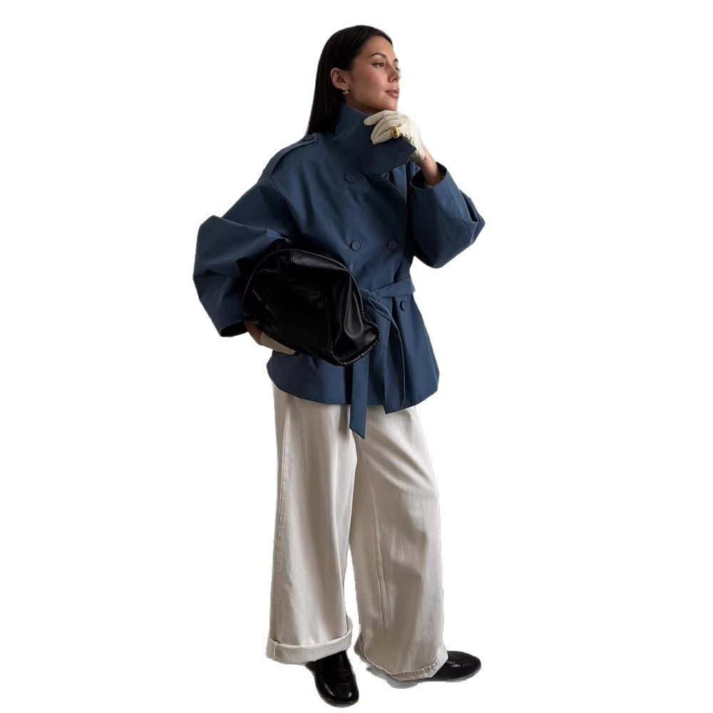 Women's Oversize Cropped Trench Coat with Wide Lapels and Tie Belt Mune Fashion