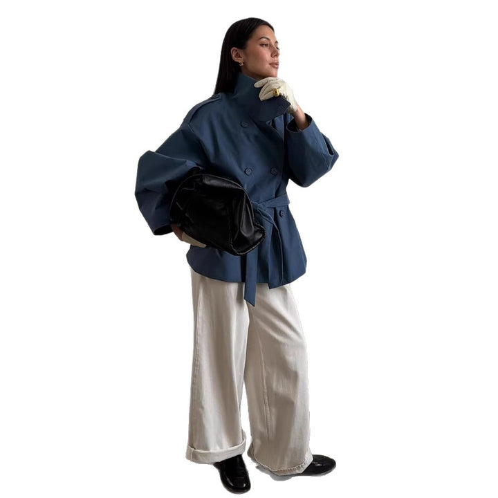Women's Oversize Cropped Trench Coat with Wide Lapels and Tie Belt Mune Fashion