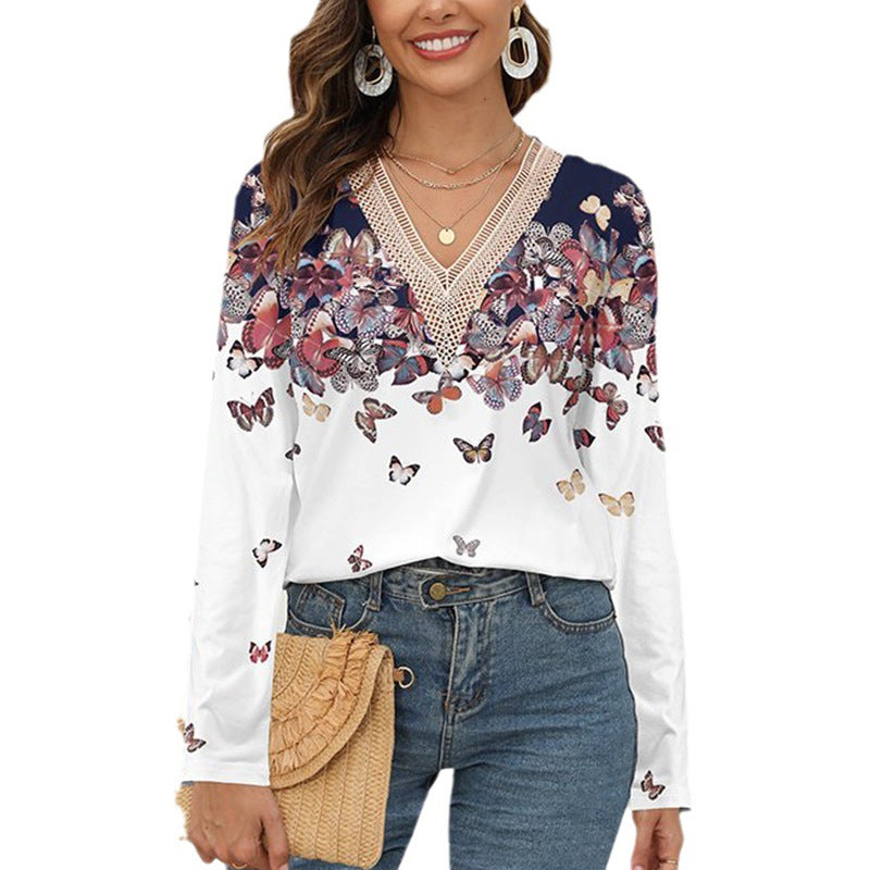 Women Long Sleeve Blouse with Crocheted V-Neck, Butterfly Print & Lightweight Fall Mune Fashion