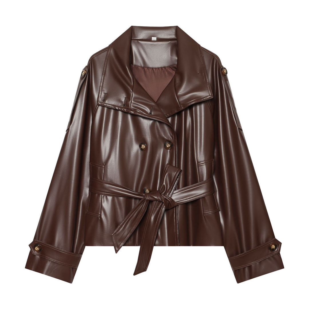 Women's Short Double-Breasted Faux Leather Trench Coat with Waist Belt Mune Fashion
