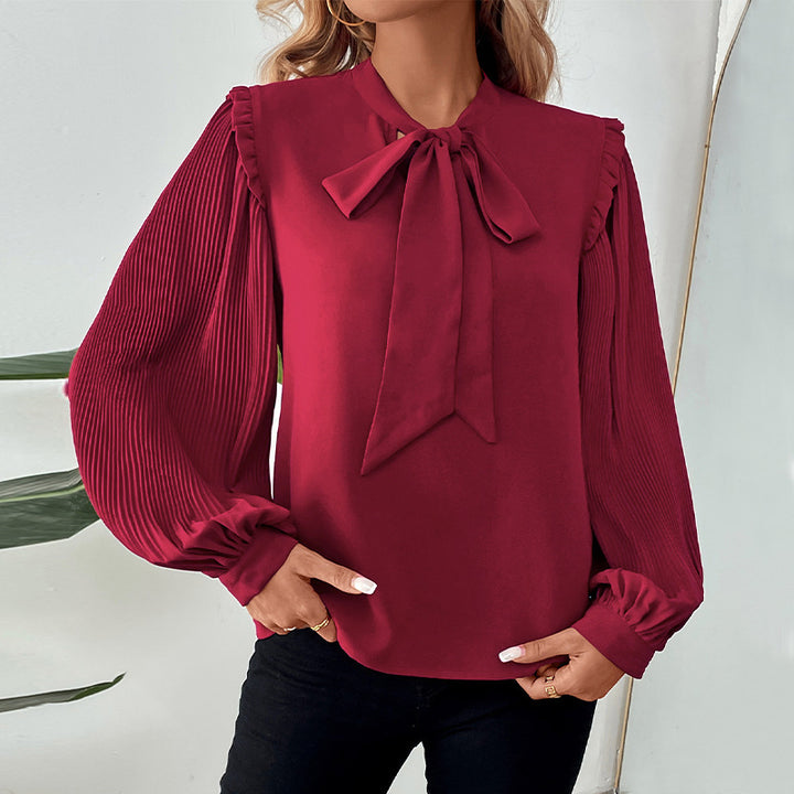 Ladies Elegant Chiffon Blouse with Bow Collar and Pleated Sleeves Mune Fashion