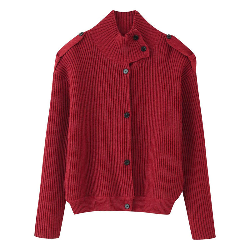 Women's Ribbed Knitted Cardigan with Stand-up Collar and Shoulder Button Detail Mune Fashion