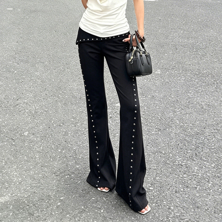 Women’s flared trousers with wrap waistband and decorative press stud placket Mune Fashion