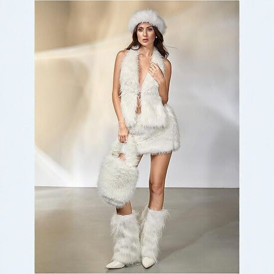 Women's multi-piece luxurious faux fur set with vest, hat, mini skirt, bag and cuffs Mune Fashion